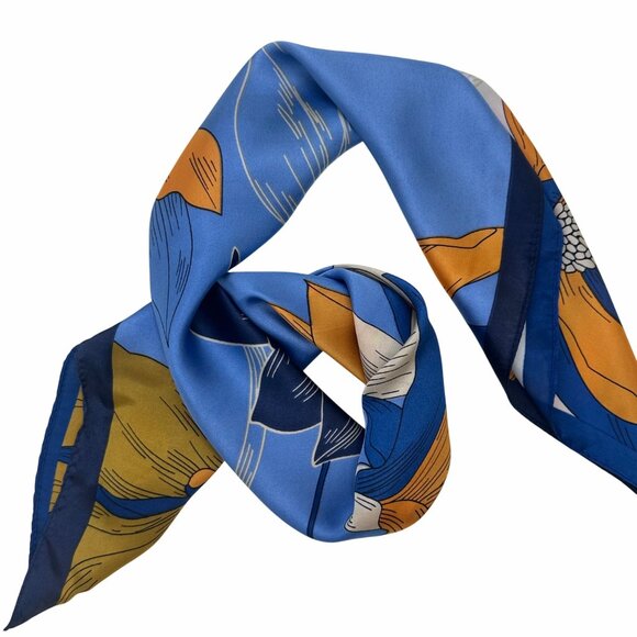 ✨Luxury Silky Scarf Orange Navy Blue Geometric Floral Link Pattern Square Wrap✨ - Picture 2 of 5